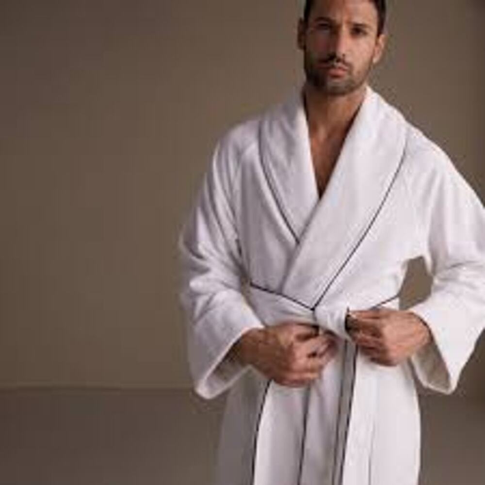 Frette Continental bathrobe robe medium white piped cotton Turkish belted unisex